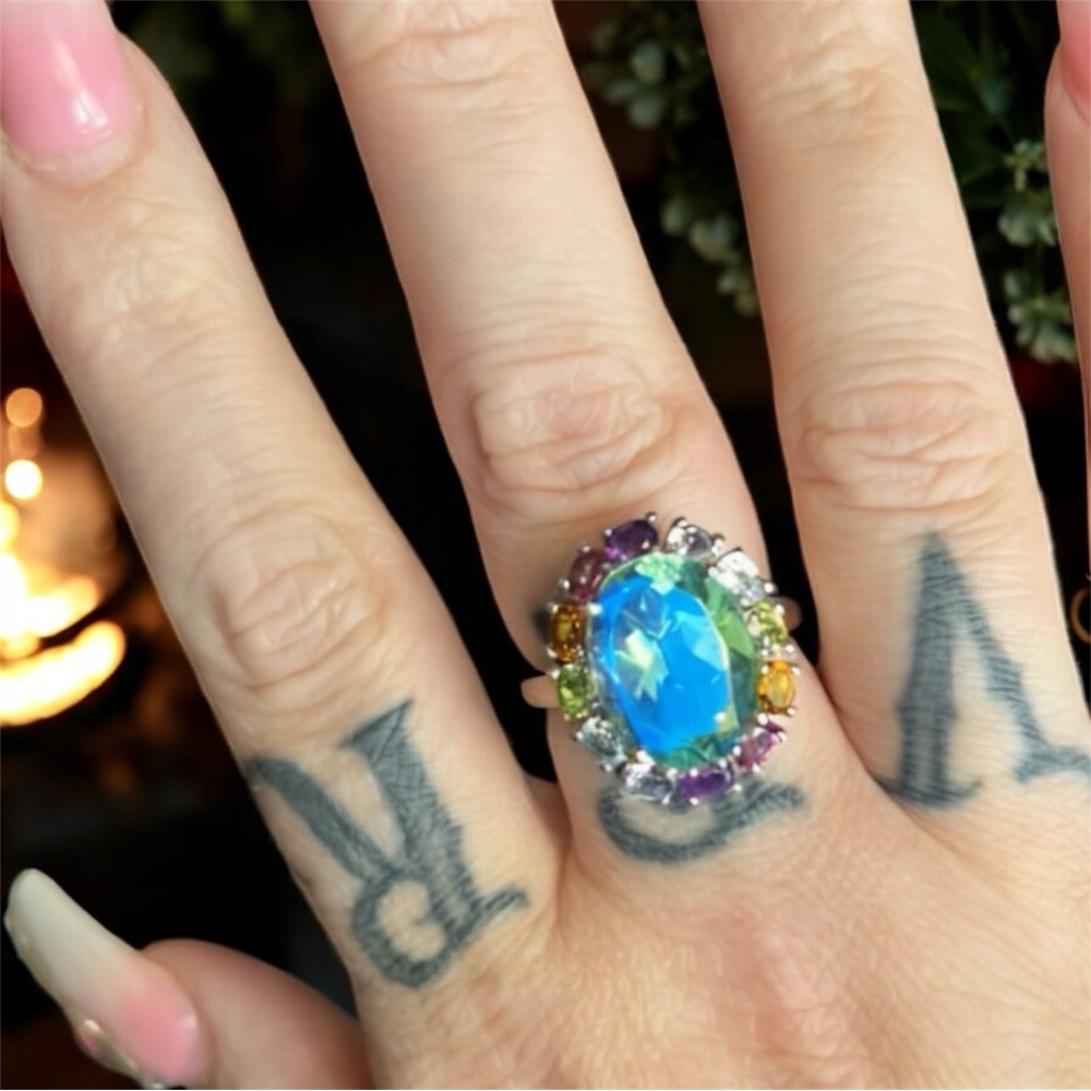 HUGE Genuine Peacock Quartz & 6 GENUINE Multi Gemstone 💎 Halo Ring Size 10
